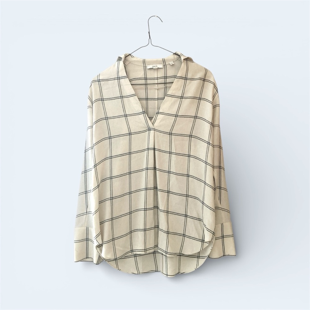 Vince Long Sleeve V Neck Windowpane Plaid Blouse Size XS